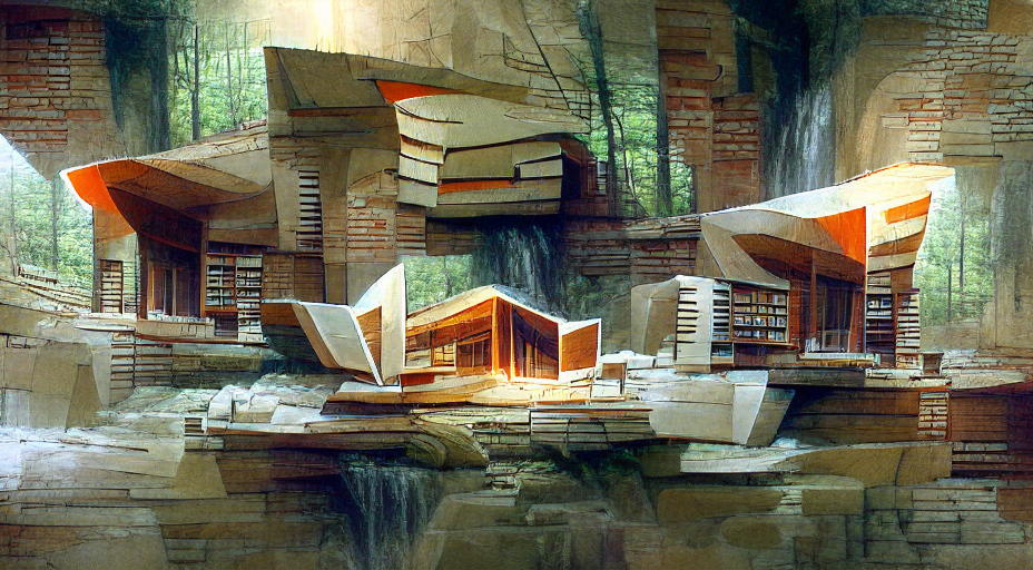 fallingwater library in the forest James Gurney Cinema 4D Architectural Drawing