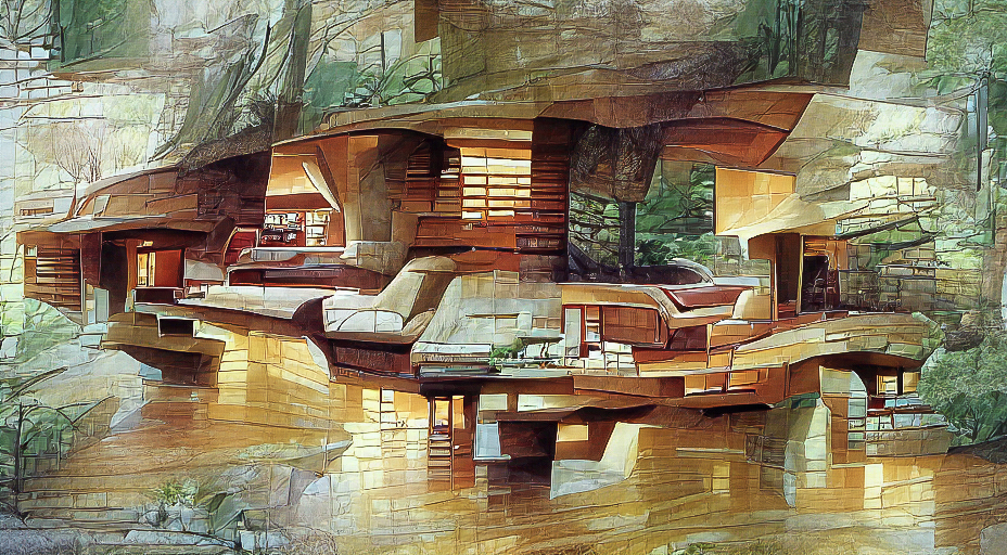 fallingwater living room in the forest James Gurney architecture